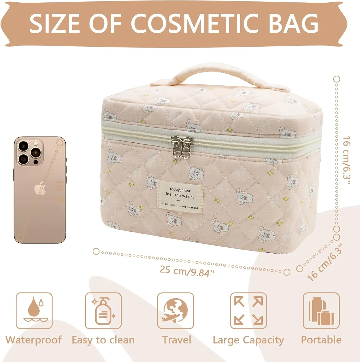 1pc Large Makeup Bag, Cute Cosmetic Bag for Women Girls, Floral Coquette Aesthetic Toiletry Bag, Travel Make Up Organizer Bag (Star White Rabbit）