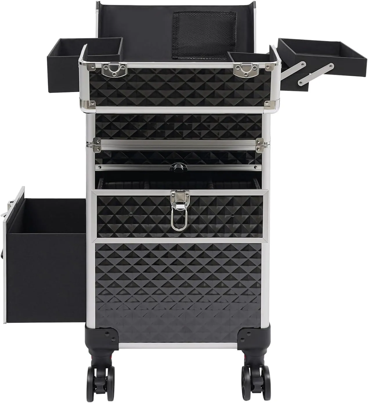 3 in1 Rolling Makeup Train Case with Wheels, Professional Large Storage Cosmetic Trolley with Lock & Keys, Aluminum Makeup Travel Organizer for Nail Technicians Hair Stylists Beauticians