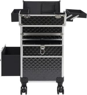 3 in1 Rolling Makeup Train Case with Wheels, Professional Large Storage Cosmetic Trolley with Lock & Keys, Aluminum Makeup Travel Organizer for Nail Technicians Hair Stylists Beauticians