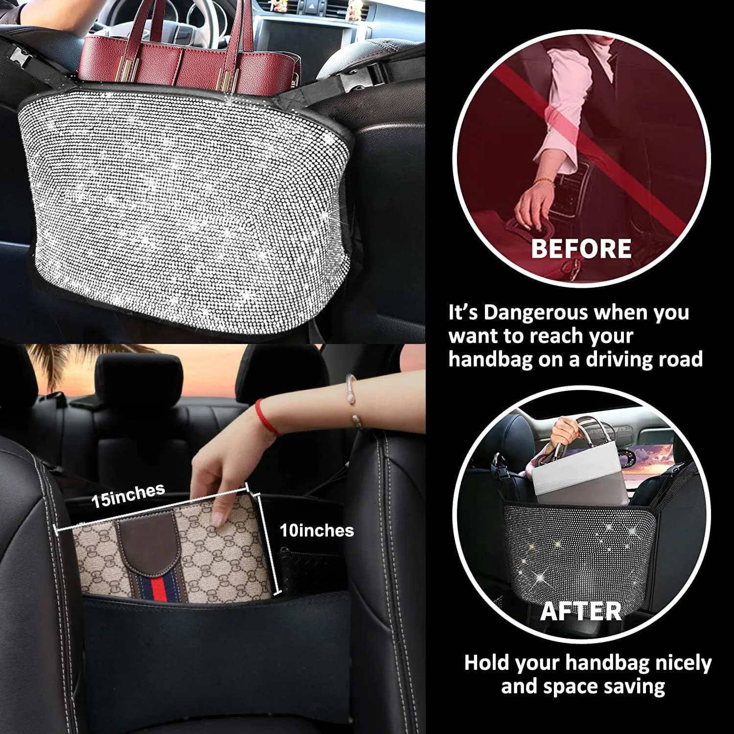 3 Pack Bling Car Mesh Organizer,Seat Back Net Bag,Barrier of Backseat Pet Kids,Cargo Tissue Purse Holder,Driver Storage Netting Pouch with 2PCS Crystal Diamonds Cup Holder (silver)