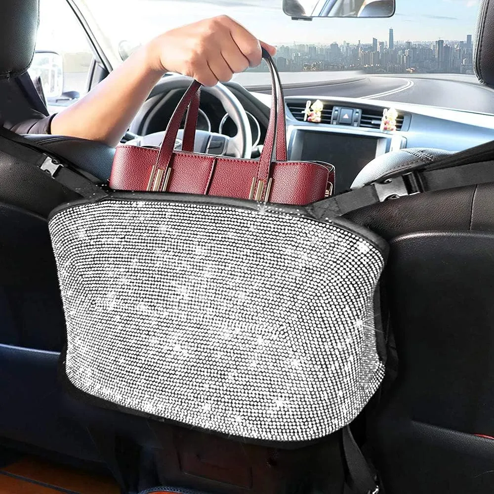 3 Pack Bling Car Mesh Organizer,Seat Back Net Bag,Barrier of Backseat Pet Kids,Cargo Tissue Purse Holder,Driver Storage Netting Pouch with 2PCS Crystal Diamonds Cup Holder (silver)