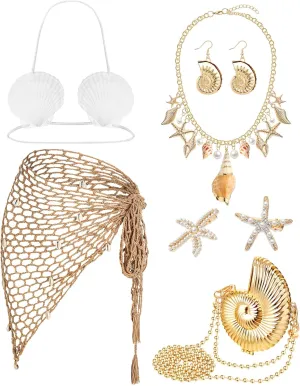 7 Pcs Mermaid Costume for Women Shell Necklace Earrings Purse Starfish Hair Clip Mermaid Crochet Skirt Shell Bra Summer Beach Accessories