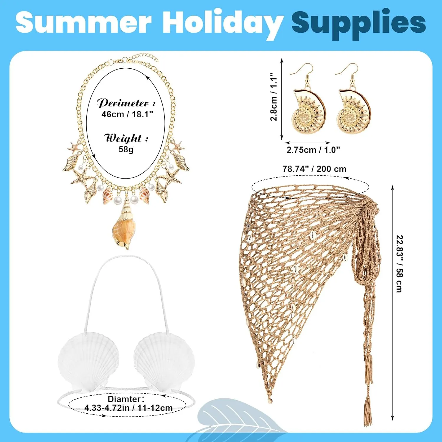 7 Pcs Mermaid Costume for Women Shell Necklace Earrings Purse Starfish Hair Clip Mermaid Crochet Skirt Shell Bra Summer Beach Accessories