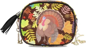 ALAZA Thanksgiving Turkeys and Autumn Leaves Shoulder Crossbody Bag With Metal Chain Strap for Women Girl
