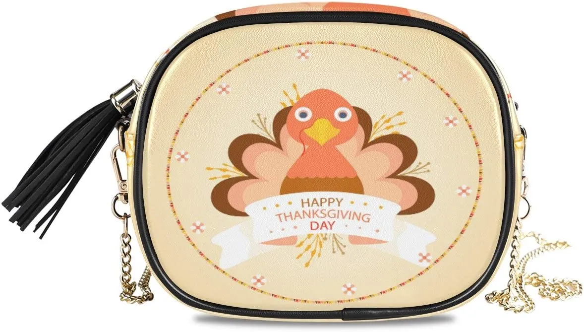 ALAZA Women's Happy Thanksgiving Day Baby Turkey Pattern PU Leather Crossbody Bag Shoulder Purse with Tassel