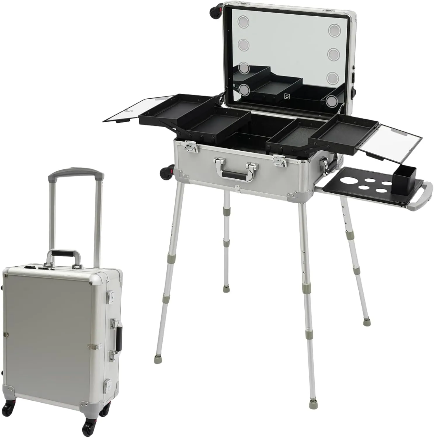 Aluminum Trolley Makeup Train Case with LED Lights, Professional Travel Cosmetic Organizer with Wheels and Adjustable Support Legs, 21'' Rolling Lighted Makeup Vanity Station (Silver)