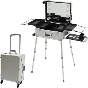 Aluminum Trolley Makeup Train Case with LED Lights, Professional Travel Cosmetic Organizer with Wheels and Adjustable Support Legs, 21'' Rolling Lighted Makeup Vanity Station (Silver)