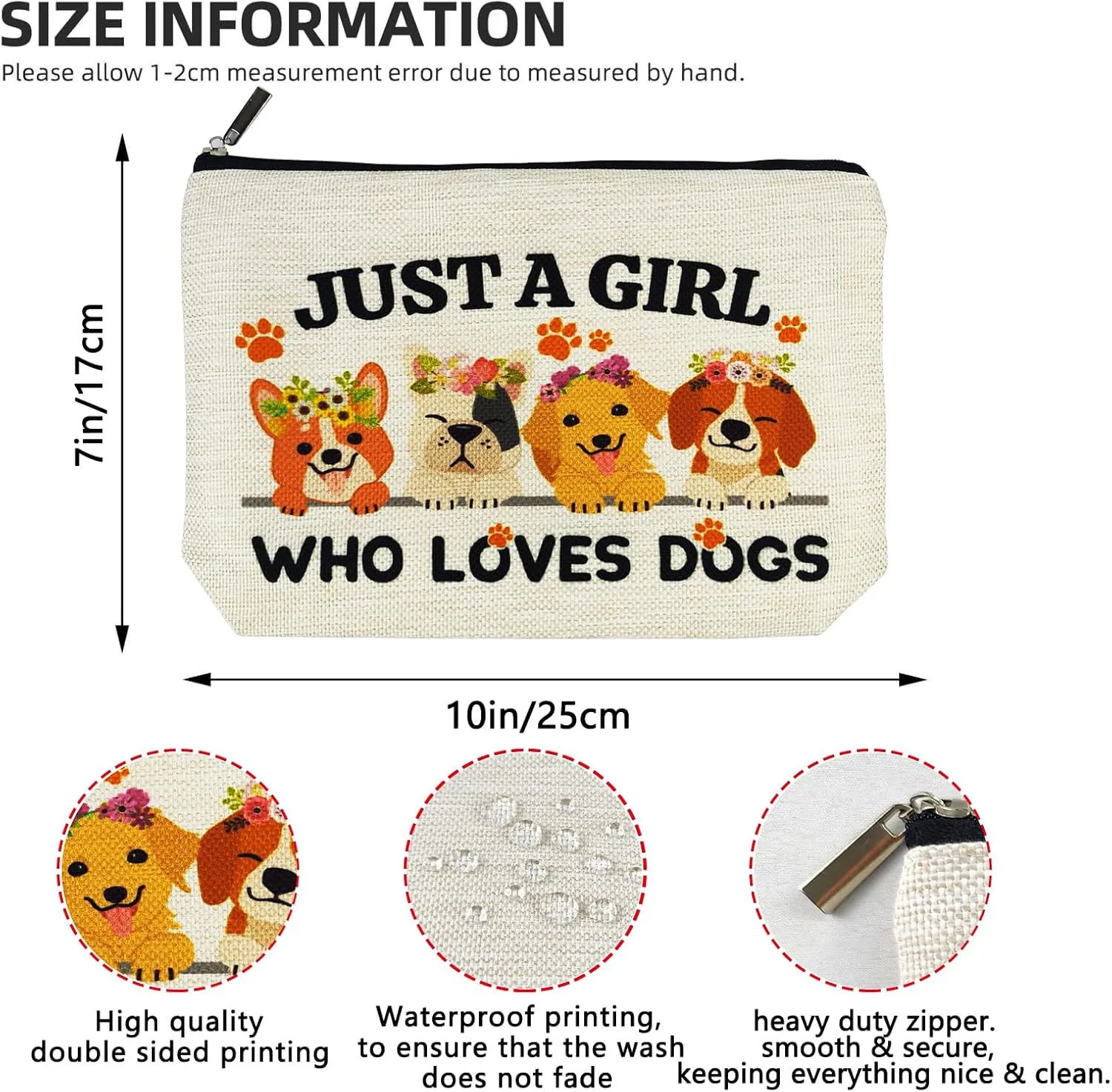 Animal Dog Lovers Gifts for Women Makeup Bag, Personalized Dog Themed Gifts for Dog Mom Owner Teen Girls Daughter Sister, Just A Girl Who Loves Dogs Cosmetic Stuff Bag, Funny Birthday Christmas Decor