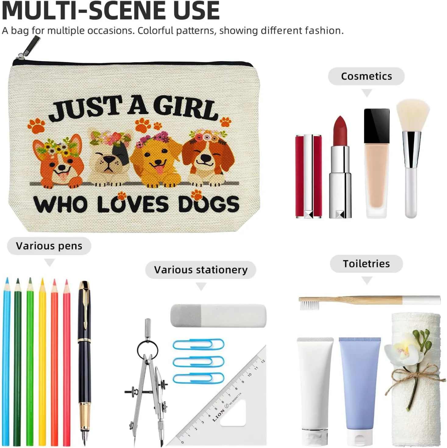 Animal Dog Lovers Gifts for Women Makeup Bag, Personalized Dog Themed Gifts for Dog Mom Owner Teen Girls Daughter Sister, Just A Girl Who Loves Dogs Cosmetic Stuff Bag, Funny Birthday Christmas Decor