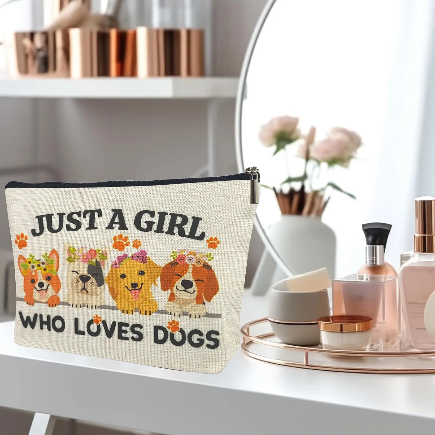 Animal Dog Lovers Gifts for Women Makeup Bag, Personalized Dog Themed Gifts for Dog Mom Owner Teen Girls Daughter Sister, Just A Girl Who Loves Dogs Cosmetic Stuff Bag, Funny Birthday Christmas Decor