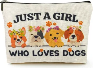 Animal Dog Lovers Gifts for Women Makeup Bag, Personalized Dog Themed Gifts for Dog Mom Owner Teen Girls Daughter Sister, Just A Girl Who Loves Dogs Cosmetic Stuff Bag, Funny Birthday Christmas Decor