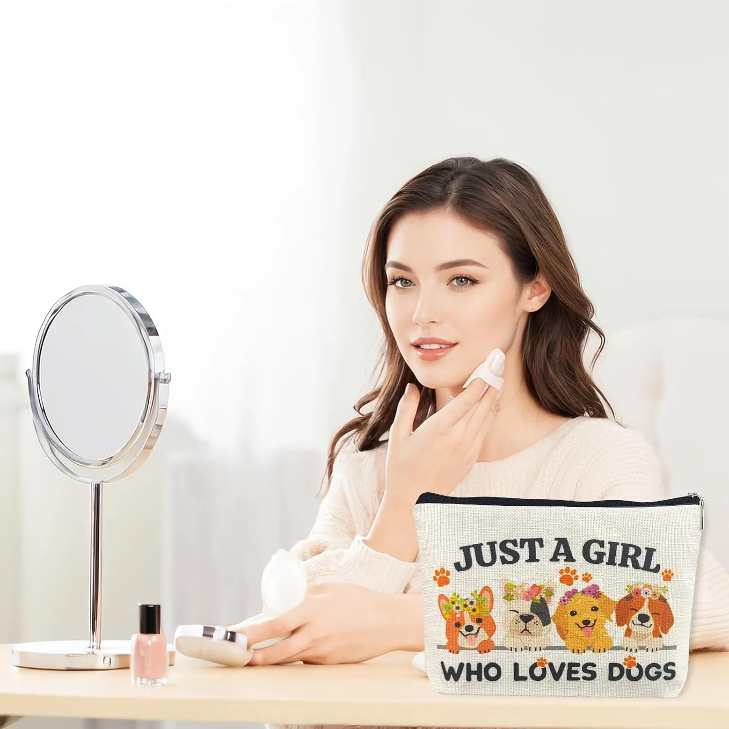 Animal Dog Lovers Gifts for Women Makeup Bag, Personalized Dog Themed Gifts for Dog Mom Owner Teen Girls Daughter Sister, Just A Girl Who Loves Dogs Cosmetic Stuff Bag, Funny Birthday Christmas Decor
