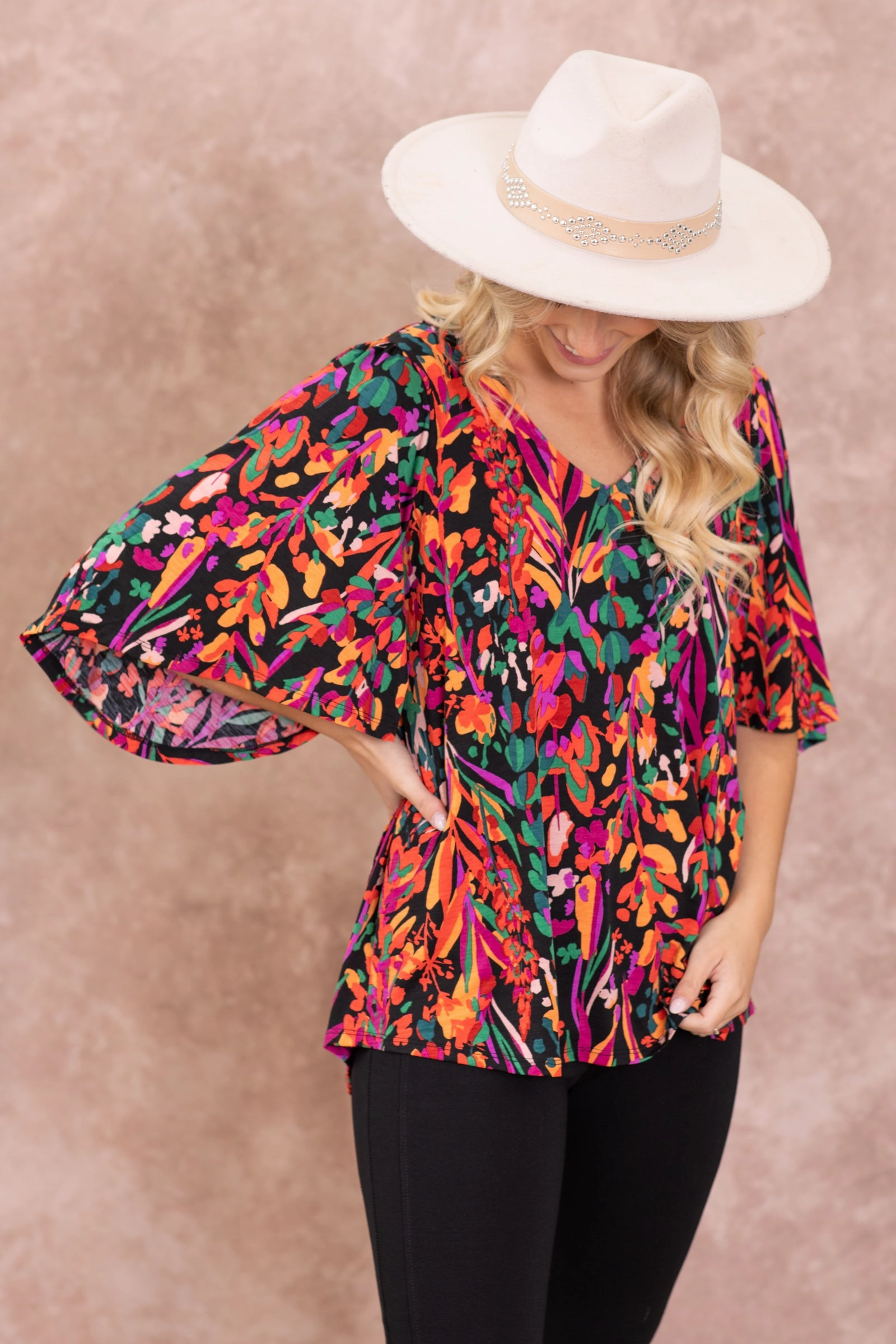 Black Print Dolman Sleeve Wrinkle Free Top