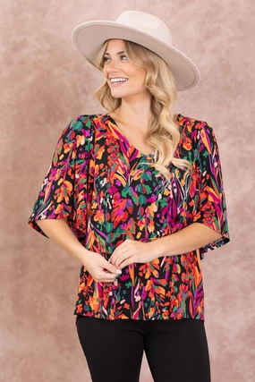 Black Print Dolman Sleeve Wrinkle Free Top