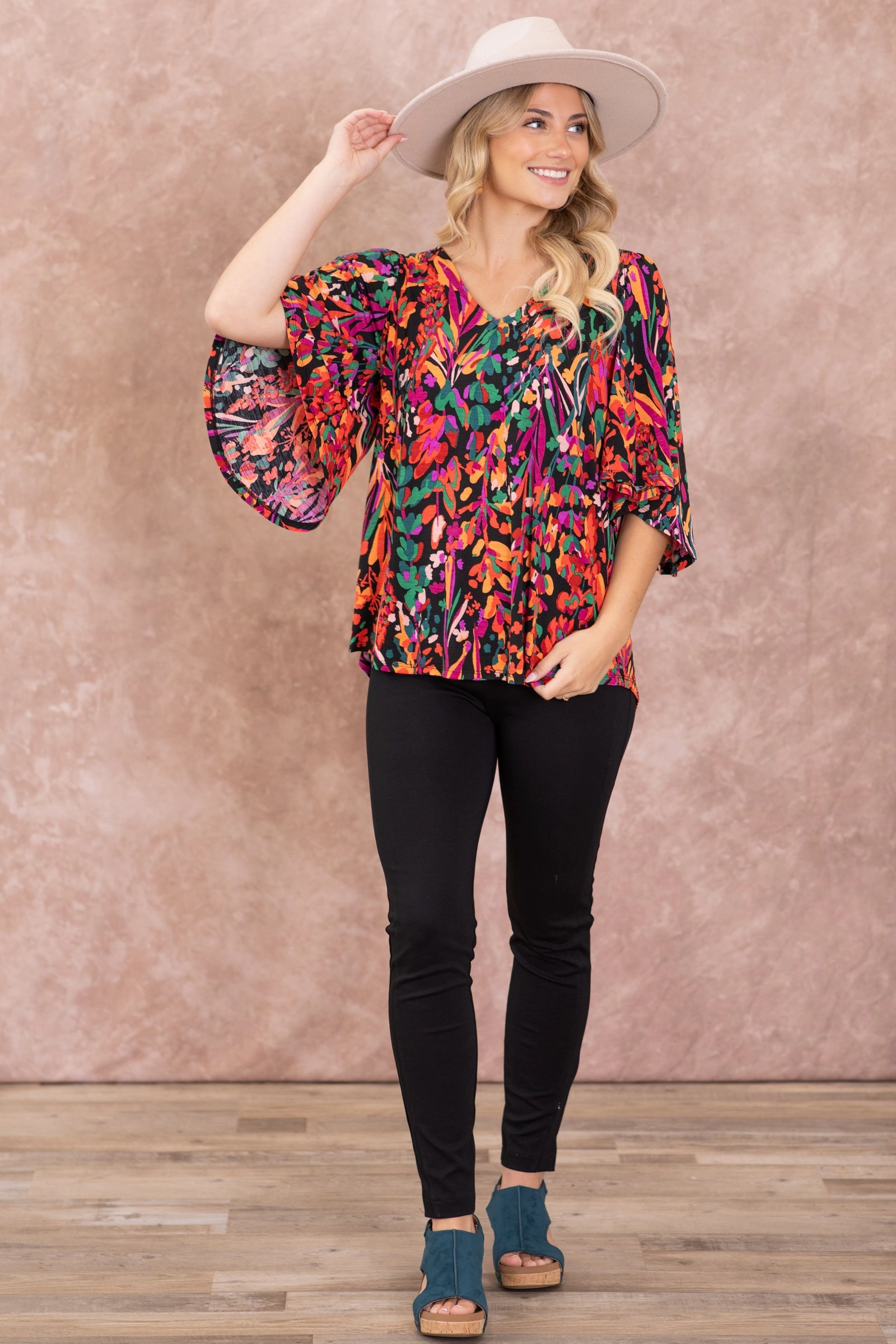 Black Print Dolman Sleeve Wrinkle Free Top