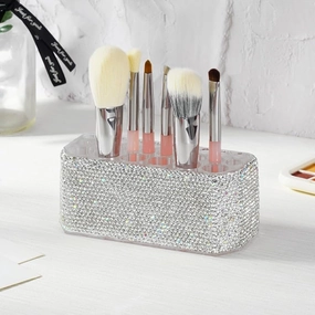 Bling Acrylic 26-Slot Makeup Brush and Pen Organizer Display Stand for Eyebrow Pencils, Ballpoint Pens, Eyeliners, and More(Silver)