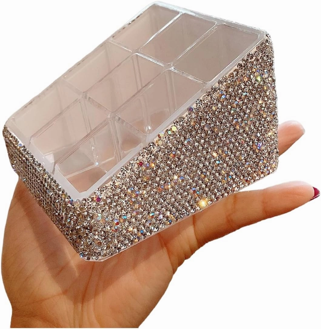 Bling Rhinestone 9-Compartment Lipstick Display Stand – Elegant Desktop Lipsticks Organizer Box Holder for Lipsticks Lip Gloss (Silver)