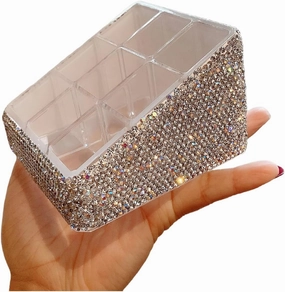 Bling Rhinestone 9-Compartment Lipstick Display Stand – Elegant Desktop Lipsticks Organizer Box Holder for Lipsticks Lip Gloss (Silver)