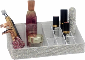 Bling Rhinestone Luxury Multi-Functional Acrylic Transparent Makeup Organizers Display Rack -Large Capacity Cosmetic Organizer, Storage, Box & Desktop Lipstick Holder (Silver)
