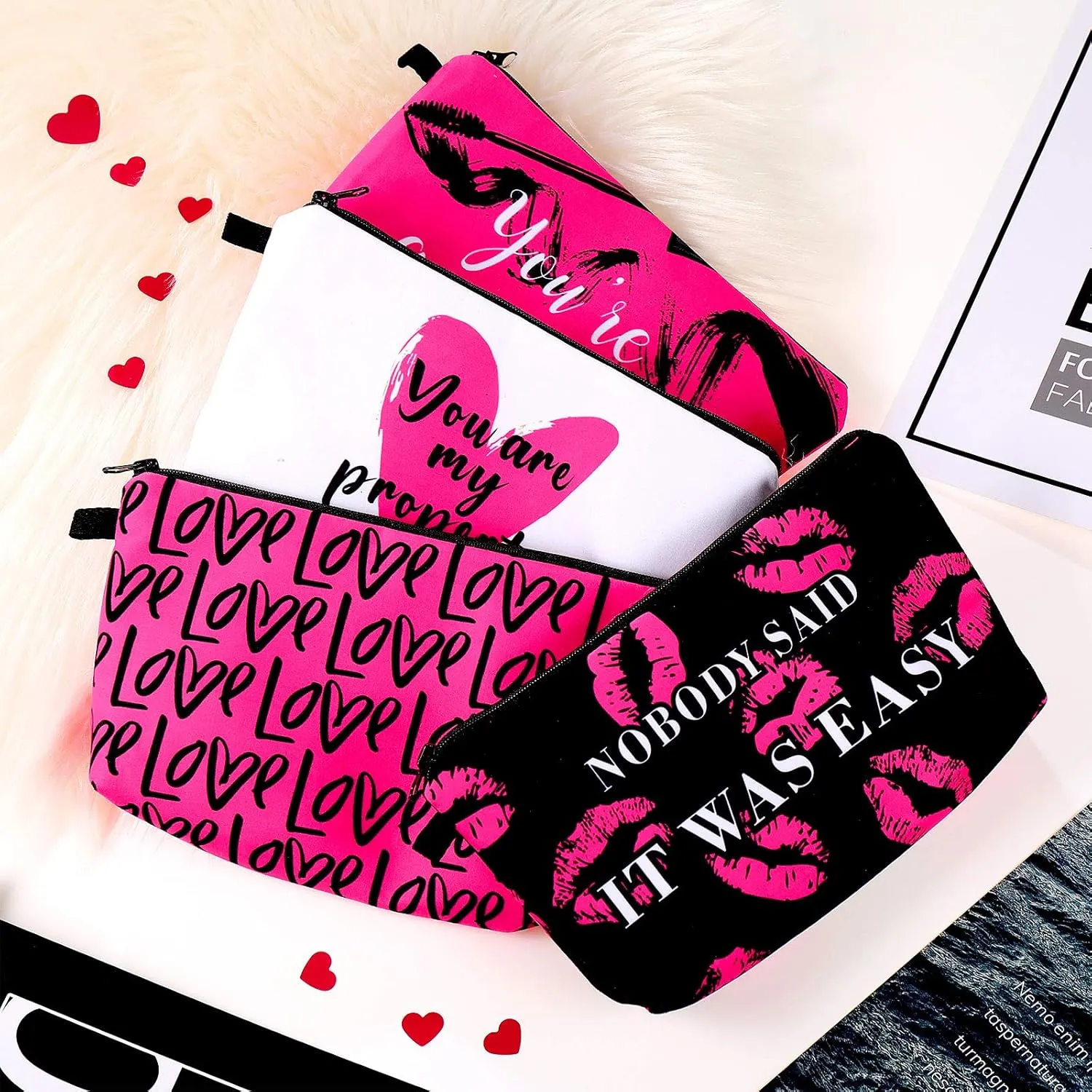 Boao 10 Pieces Letters Makeup Bags Bulk Cosmetic Pouch for Women Travel Zipper Organizer Toiletry Bag Printing Pencil Bag Christmas Supplies Gift(Black, Gold and Pink Style)