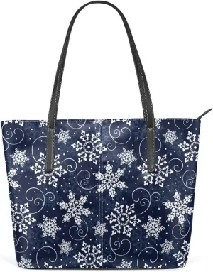 Christmas Top Handle Bag for Women Dark Snowflake Silver Vegan Leather Lady Purse Shoulder Bag Travel Satchel Gym Beach Tote with Zipper Xmas Weekender Handbag