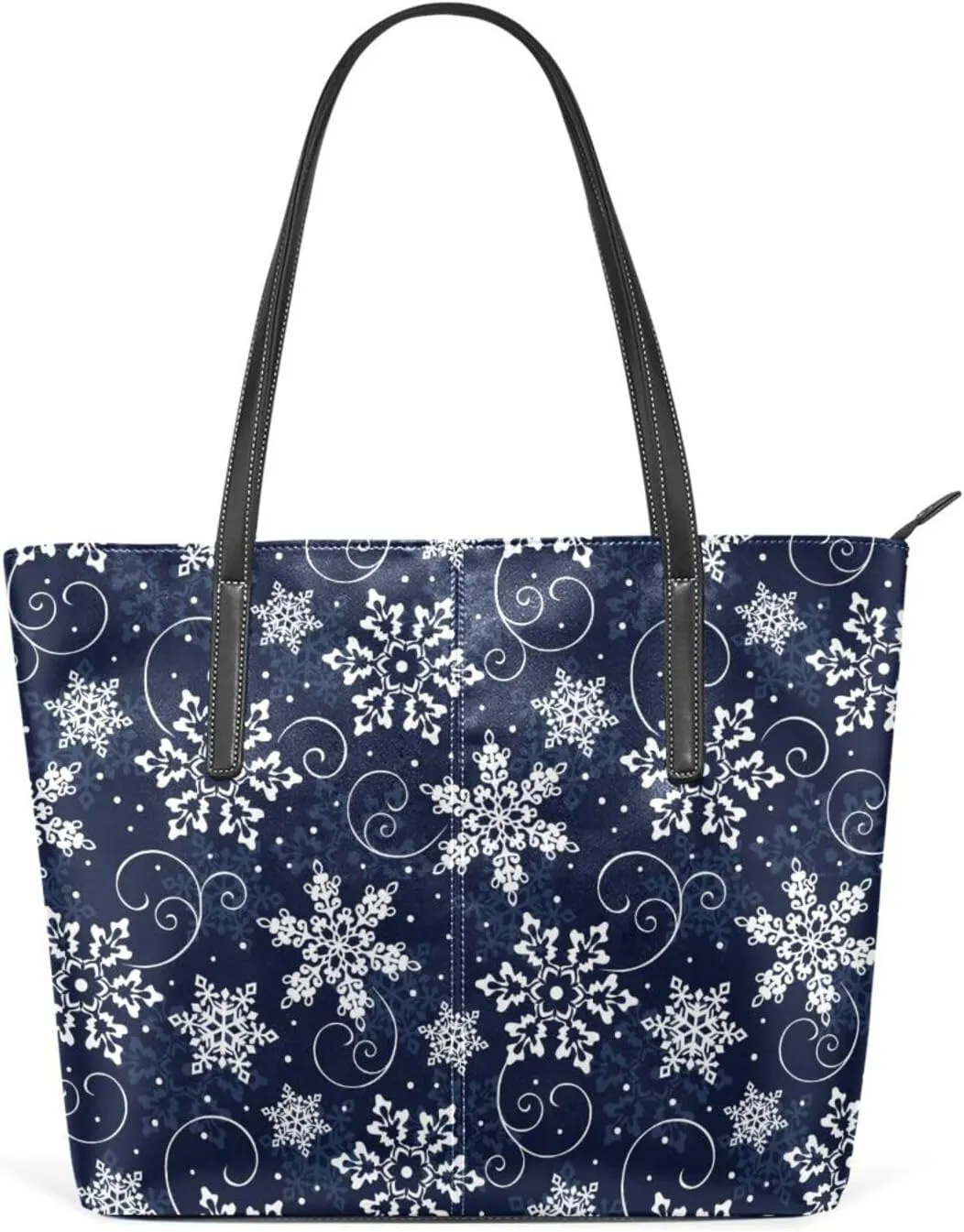 Christmas Top Handle Bag for Women Dark Snowflake Silver Vegan Leather Lady Purse Shoulder Bag Travel Satchel Gym Beach Tote with Zipper Xmas Weekender Handbag