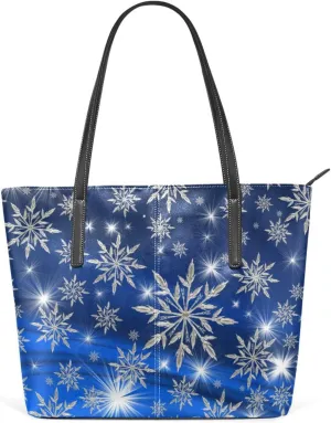 Christmas Top Handle Bag for Women Xmas Silver Snowflake Vegan Leather Lady Purse Shoulder Bag Travel Satchel Gym Beach Tote with Zipper Xmas Weekender Handbag