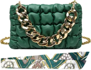 Chunky Gold Chain Quilted Vegan Leather Crossbody Purse, Plastic Metal Chain Puffer Clutch Bag, PU Leather Handbag