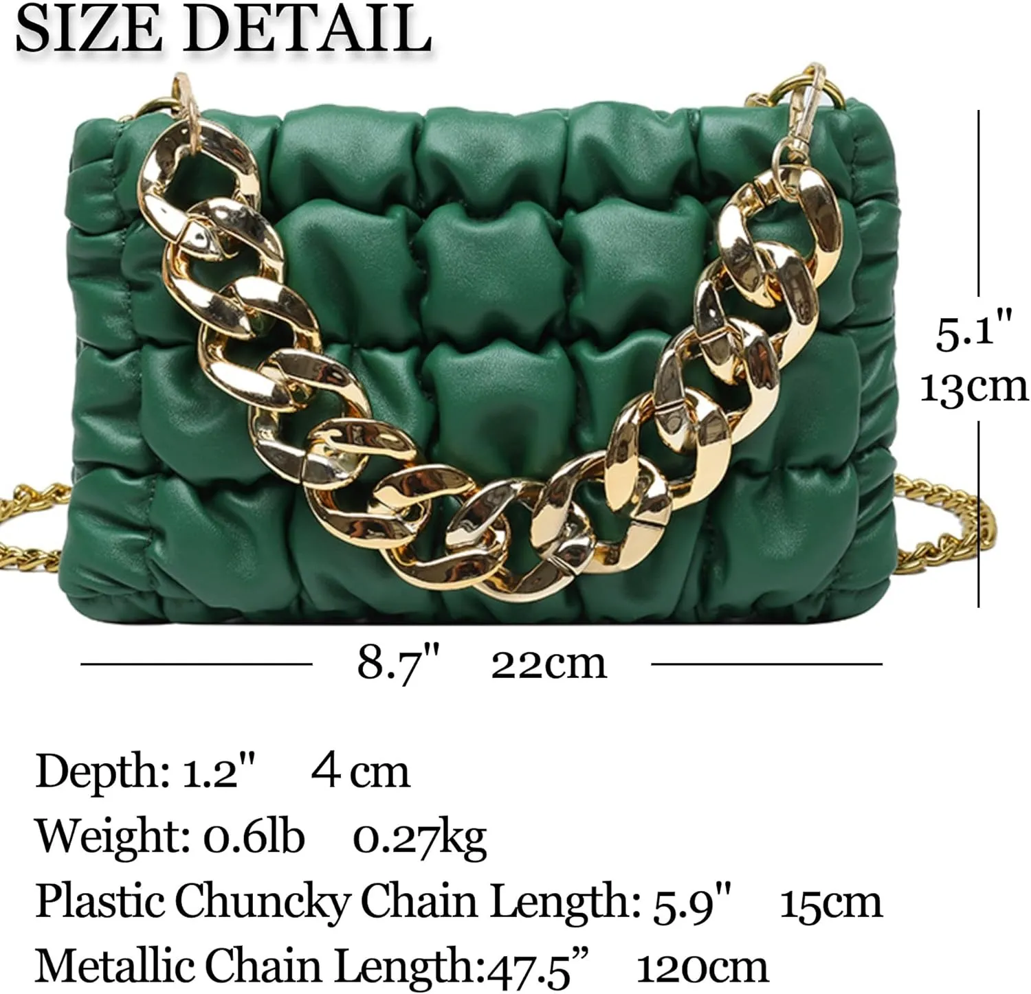 Chunky Gold Chain Quilted Vegan Leather Crossbody Purse, Plastic Metal Chain Puffer Clutch Bag, PU Leather Handbag