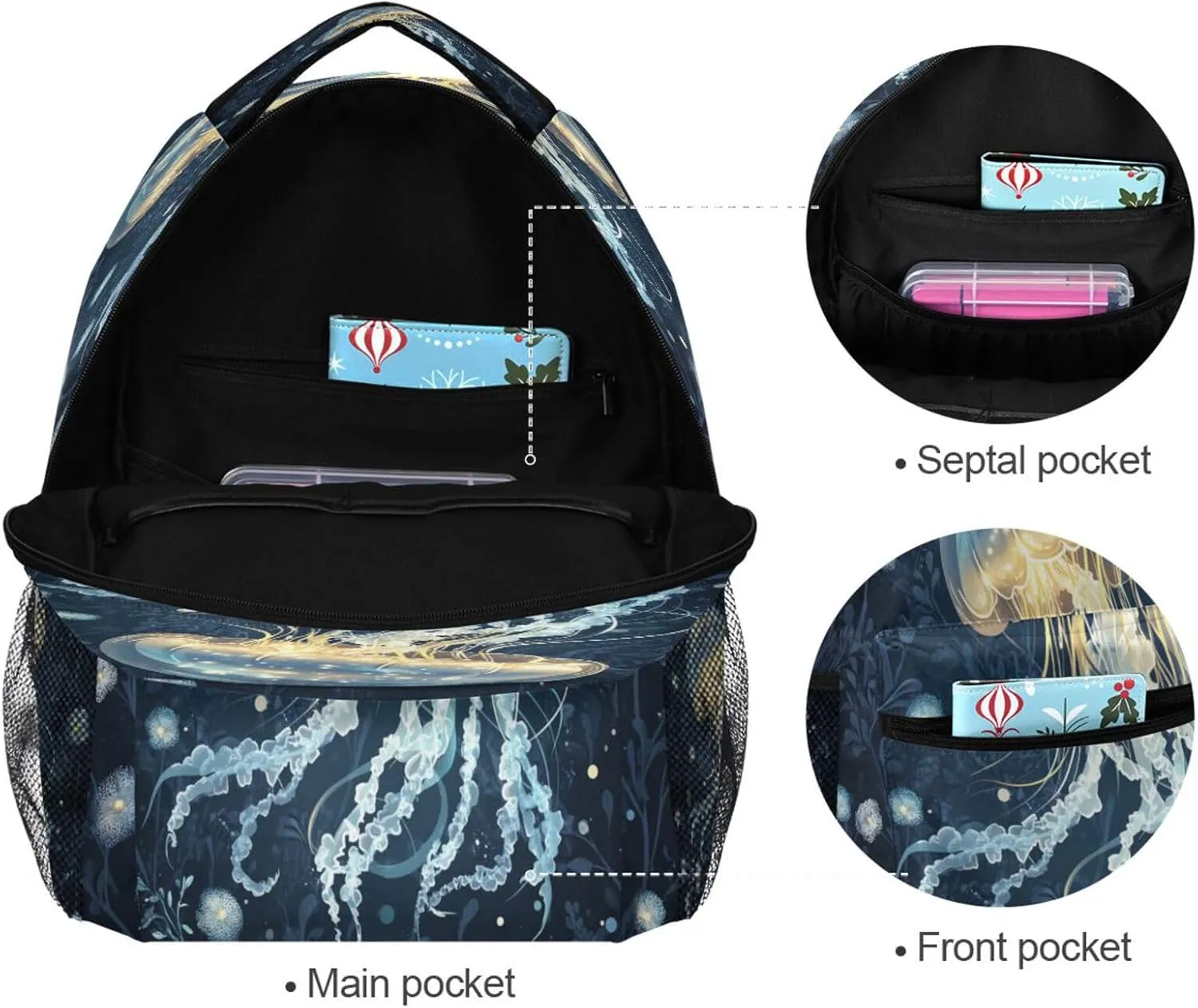 Day Backpack for Teacher Nurse Waterproof Backpack with Chest Strap for Business Work College Travel Trip Beauty Jellyfish Silver