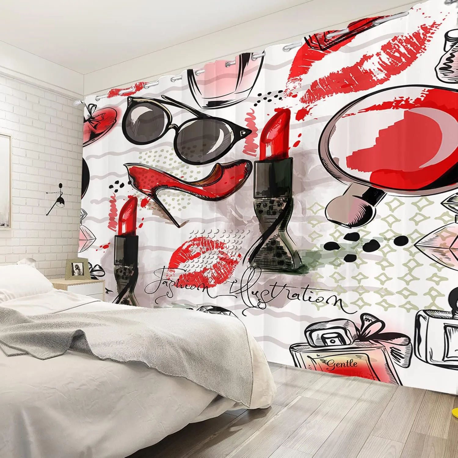 Fashion Makeup Window Curtains Living Room Decor Lipstick Lip Print Perfume High Heels Cool Sunglasses Girls Room Bedroom Modern Home Art Print Window Treatment Drapes,42x63 inch,2 Panels