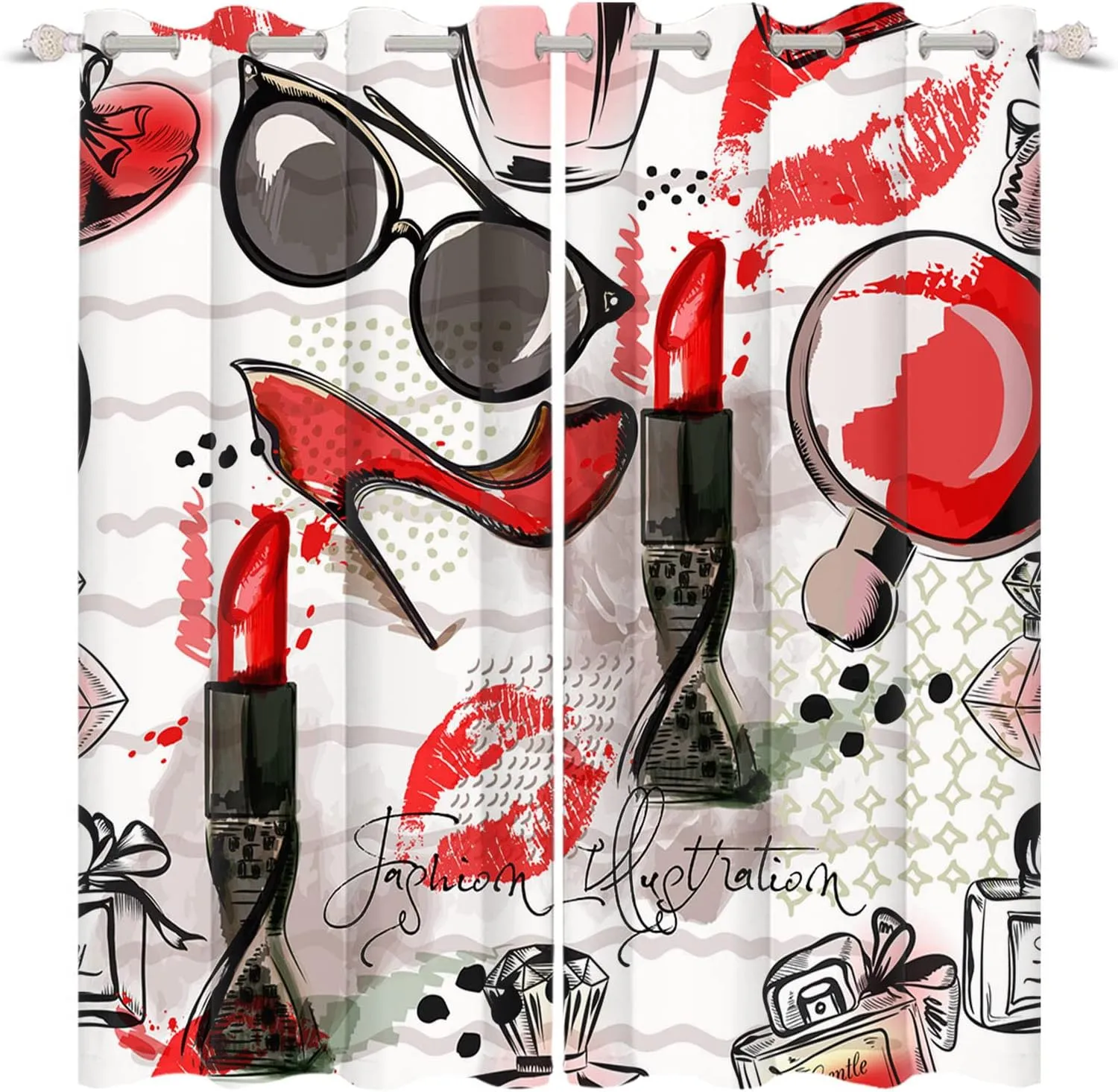 Fashion Makeup Window Curtains Living Room Decor Lipstick Lip Print Perfume High Heels Cool Sunglasses Girls Room Bedroom Modern Home Art Print Window Treatment Drapes,42x63 inch,2 Panels