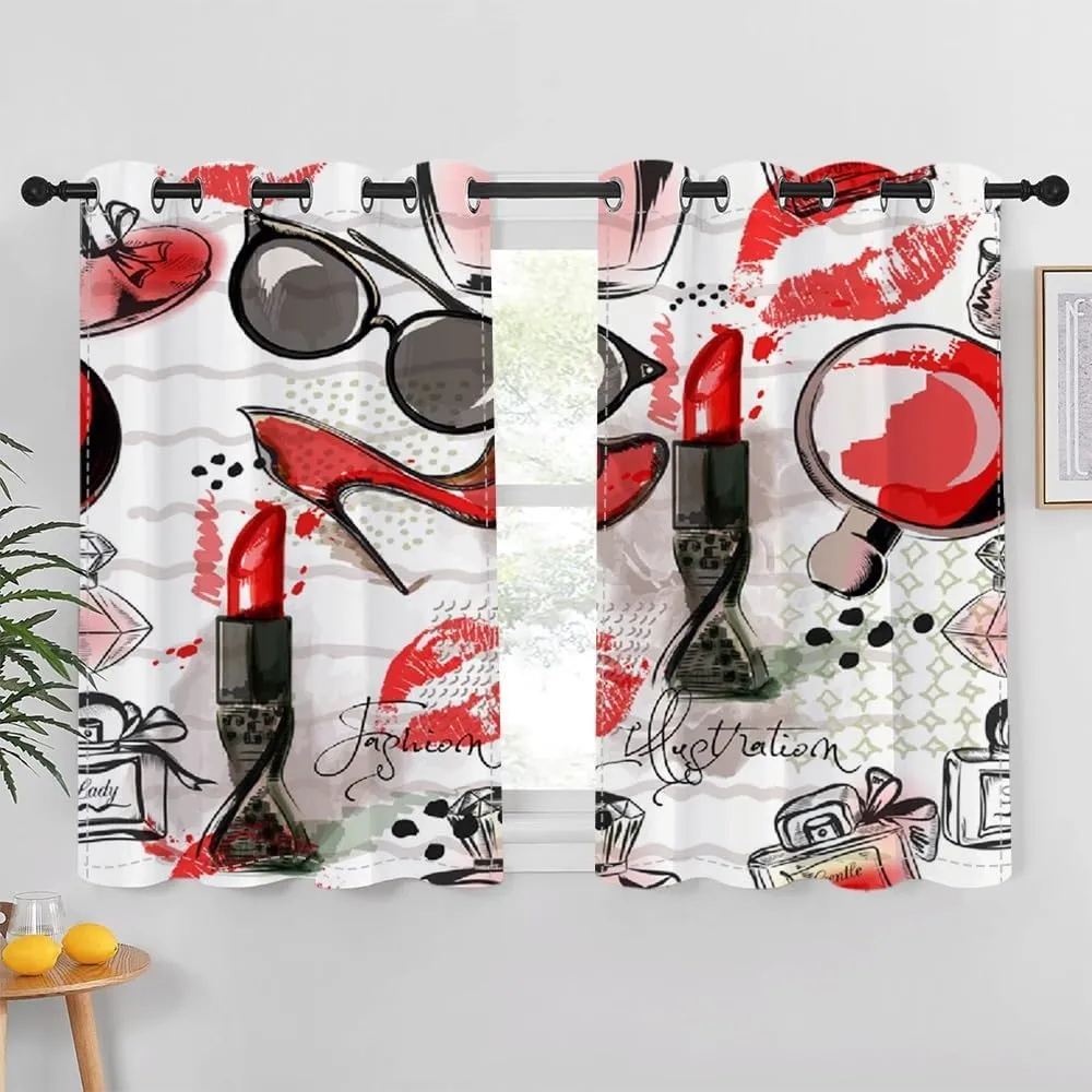 Fashion Makeup Window Curtains Living Room Decor Lipstick Lip Print Perfume High Heels Cool Sunglasses Girls Room Bedroom Modern Home Art Print Window Treatment Drapes,42x63 inch,2 Panels