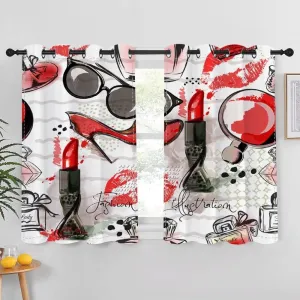 Fashion Makeup Window Curtains Living Room Decor Lipstick Lip Print Perfume High Heels Cool Sunglasses Girls Room Bedroom Modern Home Art Print Window Treatment Drapes,42x63 inch,2 Panels