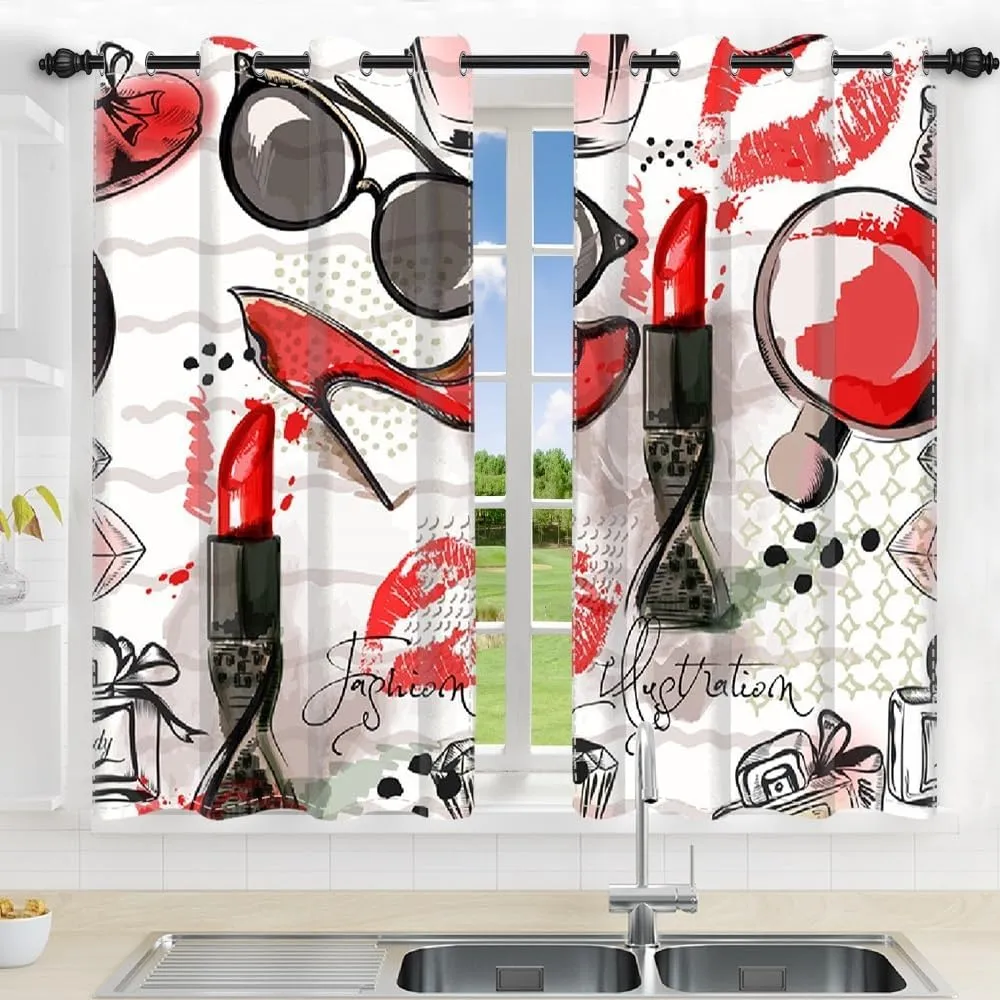 Fashion Makeup Window Curtains Living Room Decor Lipstick Lip Print Perfume High Heels Cool Sunglasses Girls Room Bedroom Modern Home Art Print Window Treatment Drapes,42x63 inch,2 Panels