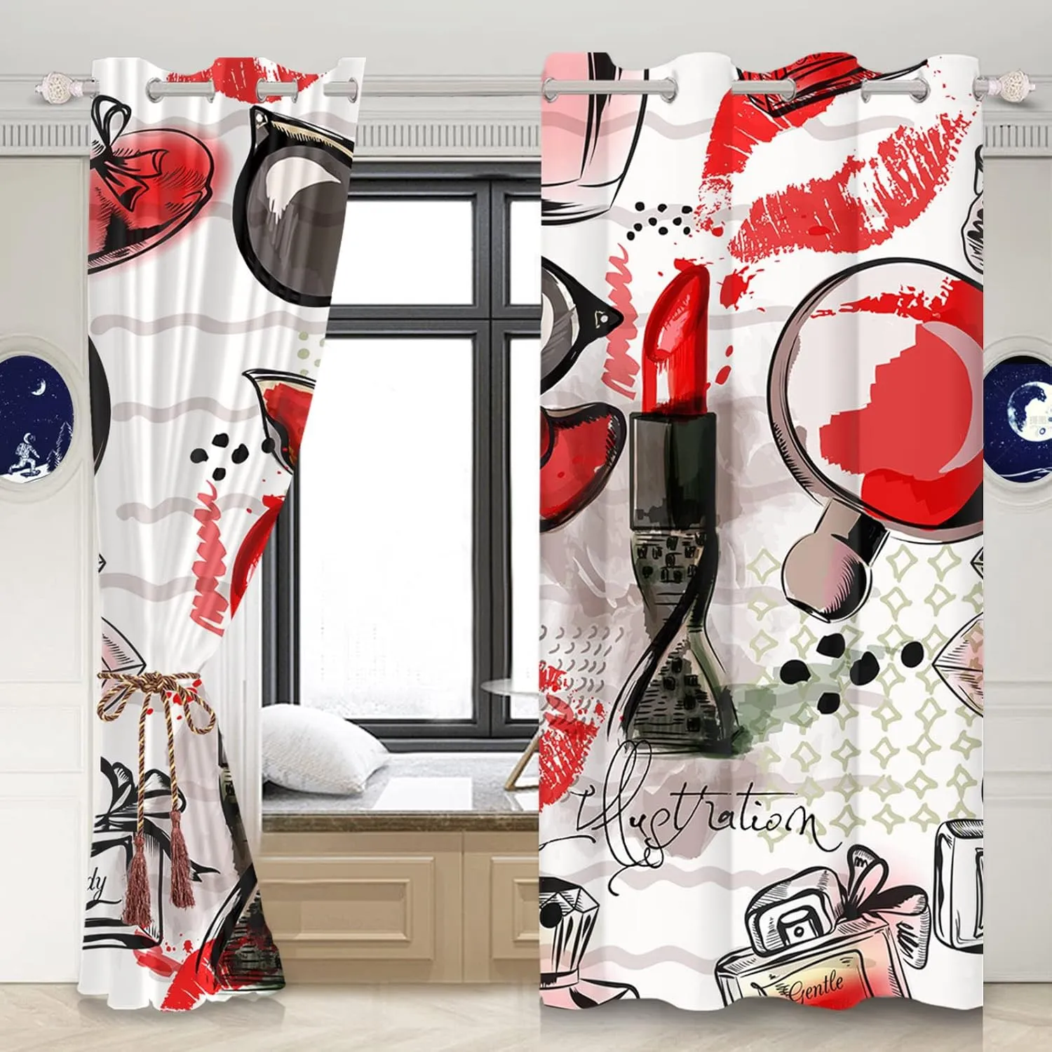 Fashion Makeup Window Curtains Living Room Decor Lipstick Lip Print Perfume High Heels Cool Sunglasses Girls Room Bedroom Modern Home Art Print Window Treatment Drapes,42x63 inch,2 Panels
