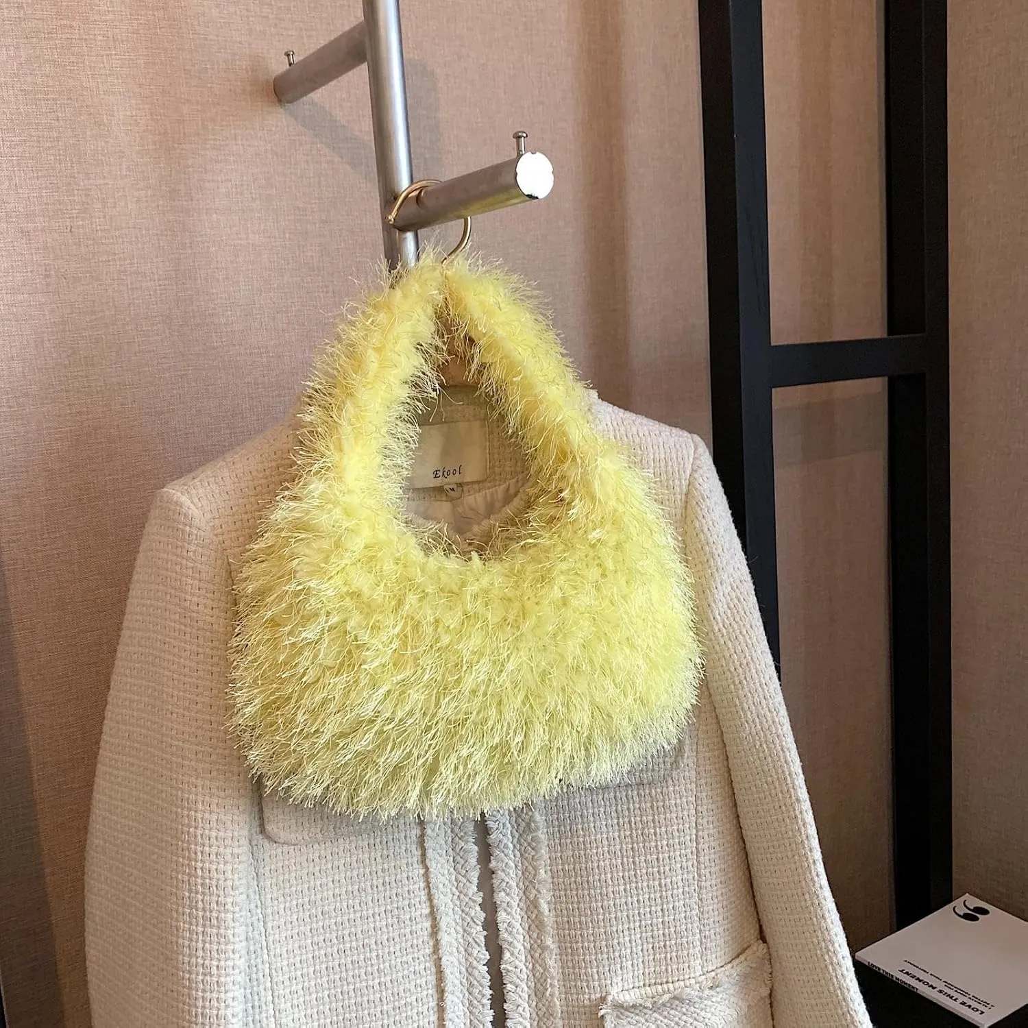 Faux Fur Fluffy Hobo Bag Furry Handbag Purse Y2K Fuzzy Tote Bag,Trendy Cute Plush Purse for Women