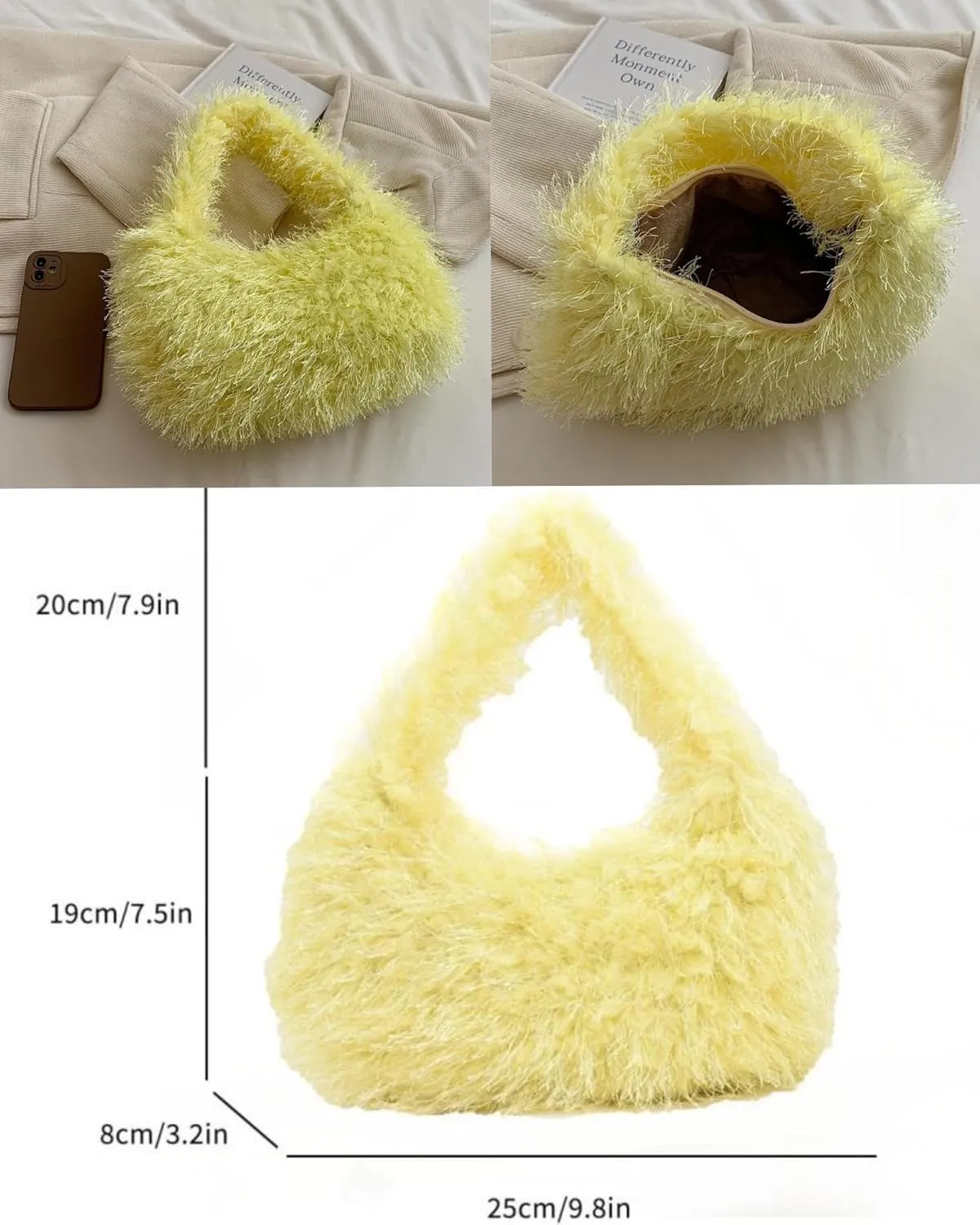 Faux Fur Fluffy Hobo Bag Furry Handbag Purse Y2K Fuzzy Tote Bag,Trendy Cute Plush Purse for Women