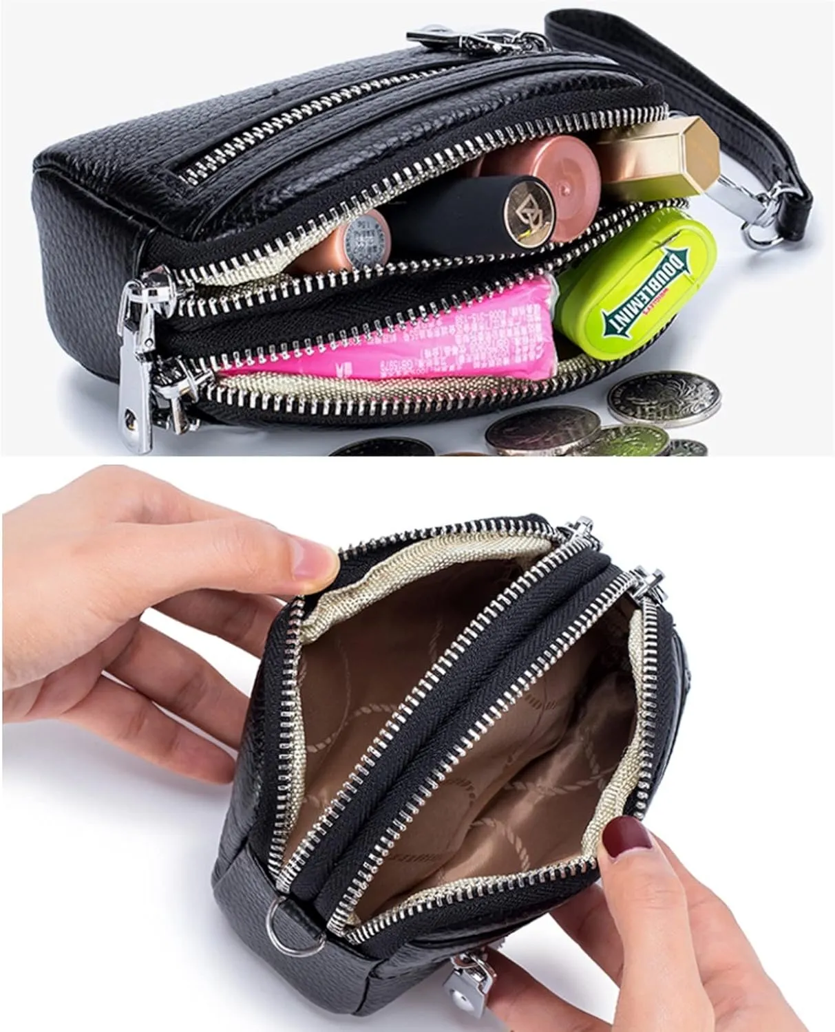Genuine Leather Mini Wristlet Wallet Coin Pouch Handbag Clutch with Wrist Strap (Gold Orange)