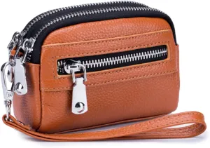 Genuine Leather Mini Wristlet Wallet Coin Pouch Handbag Clutch with Wrist Strap (Gold Orange)