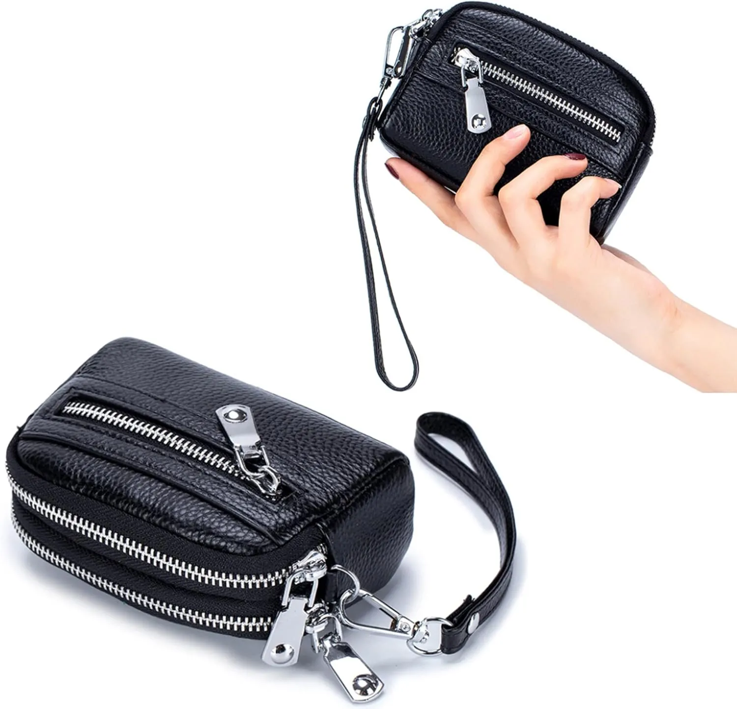 Genuine Leather Mini Wristlet Wallet Coin Pouch Handbag Clutch with Wrist Strap (Gold Orange)