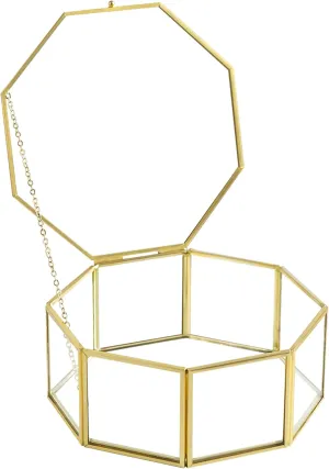 Glass Vintage Jewelry Box, Octagon Gold Display Organizer, Vanity Lidded Home Decor Accent for Storage Trinket Rings Bracelet - Big