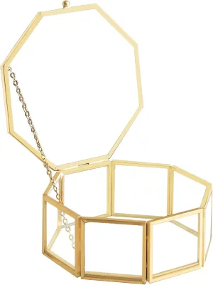 Glass Vintage Jewelry Box, Octagon Gold Display Organizer, Vanity Lidded Home Decor Accent for Storage Trinket Rings Bracelet - Small