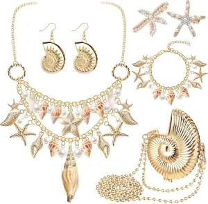 Hillban 6 Pieces Women Mermaid Jewelry Starfish Necklace Bracelets Seashell Purse Summer Beach Earrings Hair Clip Costume Accessories(Gold,Starfish Style)