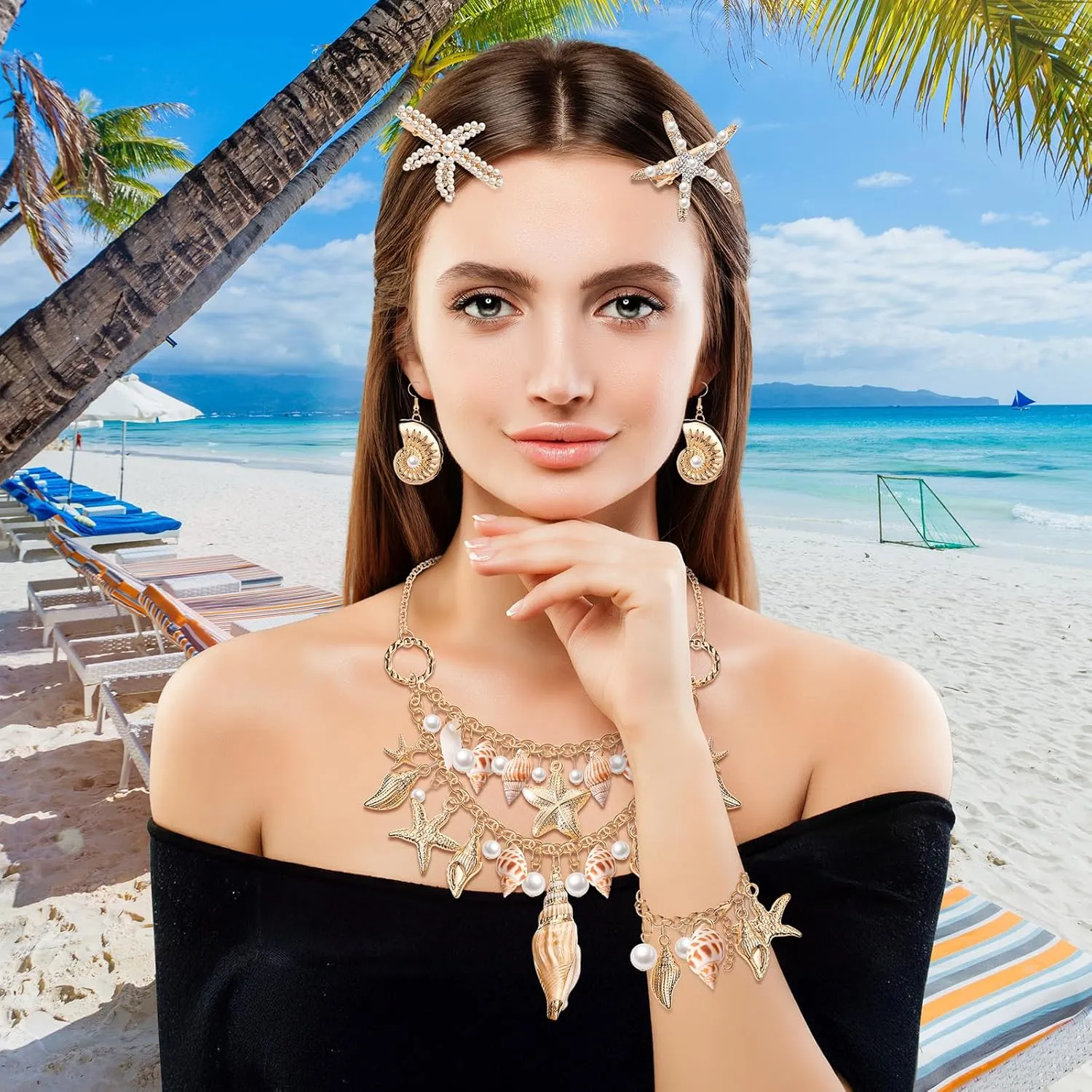 Hillban 6 Pieces Women Mermaid Jewelry Starfish Necklace Bracelets Seashell Purse Summer Beach Earrings Hair Clip Costume Accessories(Gold,Starfish Style)