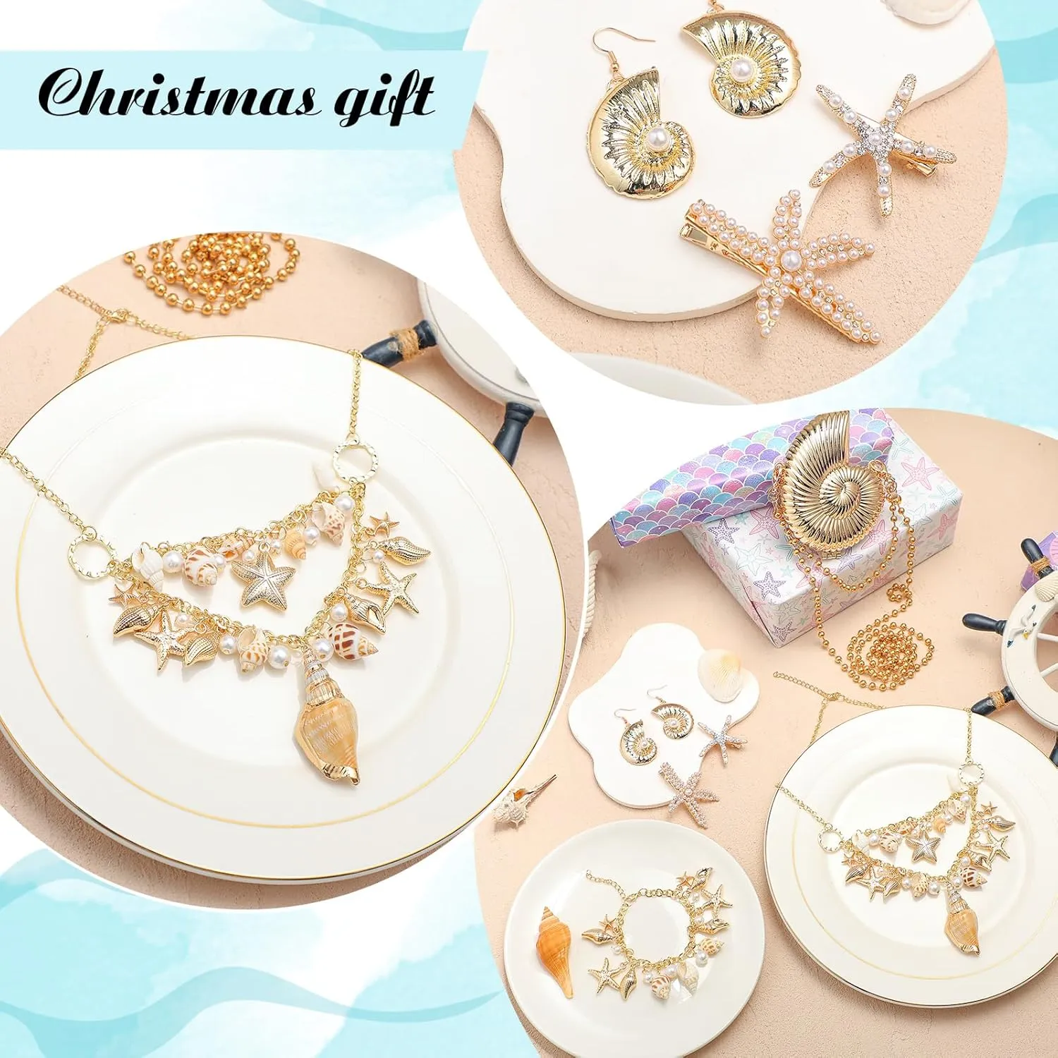 Hillban 6 Pieces Women Mermaid Jewelry Starfish Necklace Bracelets Seashell Purse Summer Beach Earrings Hair Clip Costume Accessories(Gold,Starfish Style)