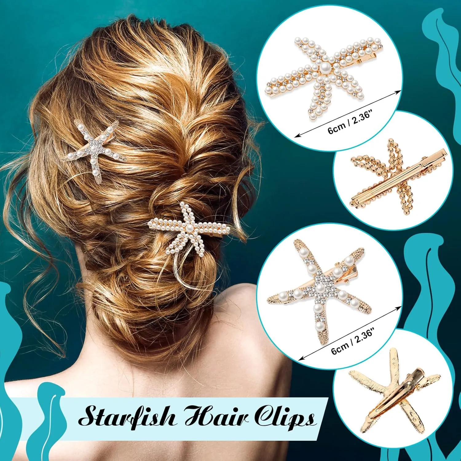 Hillban 6 Pieces Women Mermaid Jewelry Starfish Necklace Bracelets Seashell Purse Summer Beach Earrings Hair Clip Costume Accessories(Gold,Starfish Style)