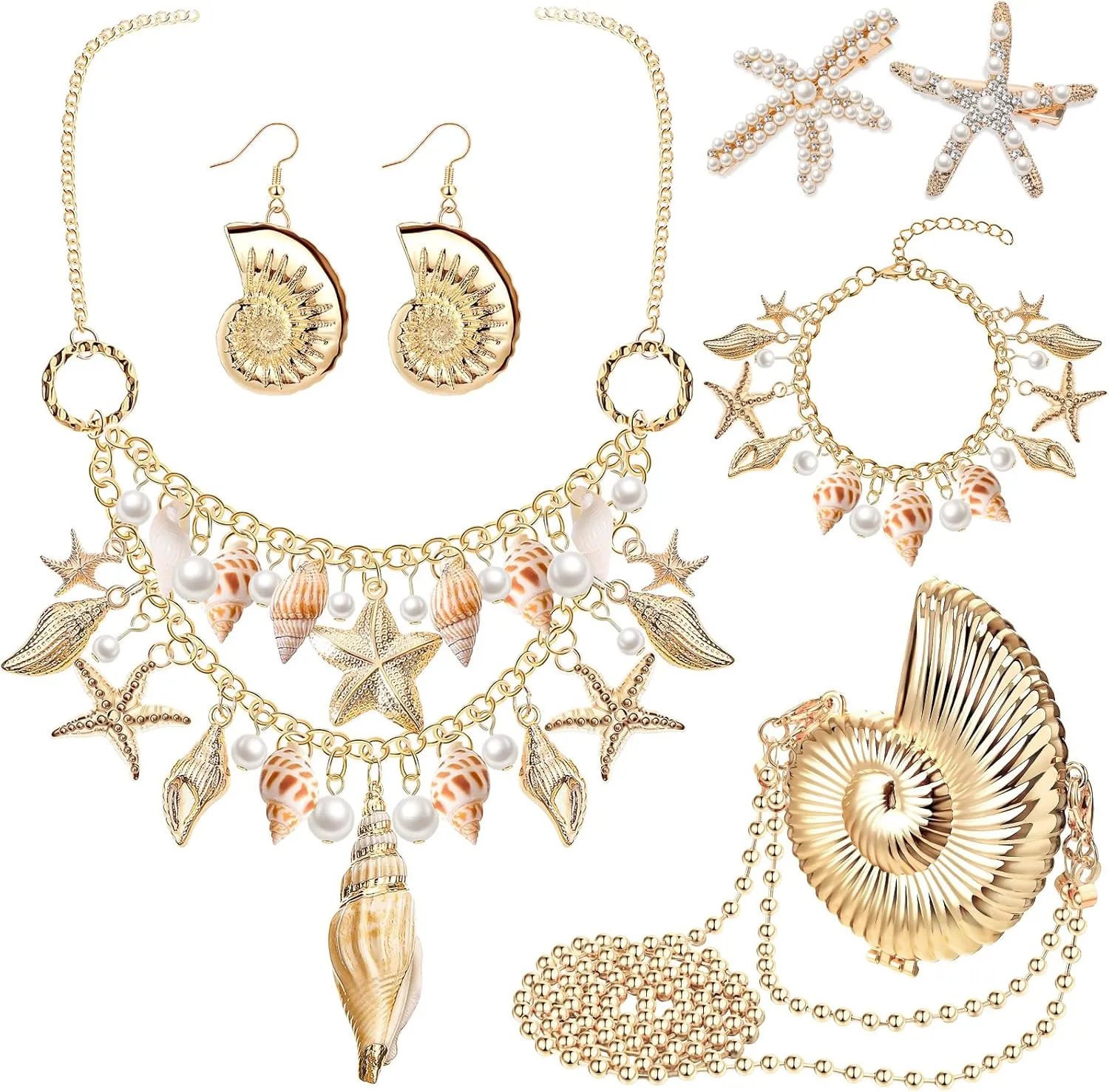 Hillban 6 Pieces Women Mermaid Jewelry Starfish Necklace Bracelets Seashell Purse Summer Beach Earrings Hair Clip Costume Accessories(Gold,Starfish Style)