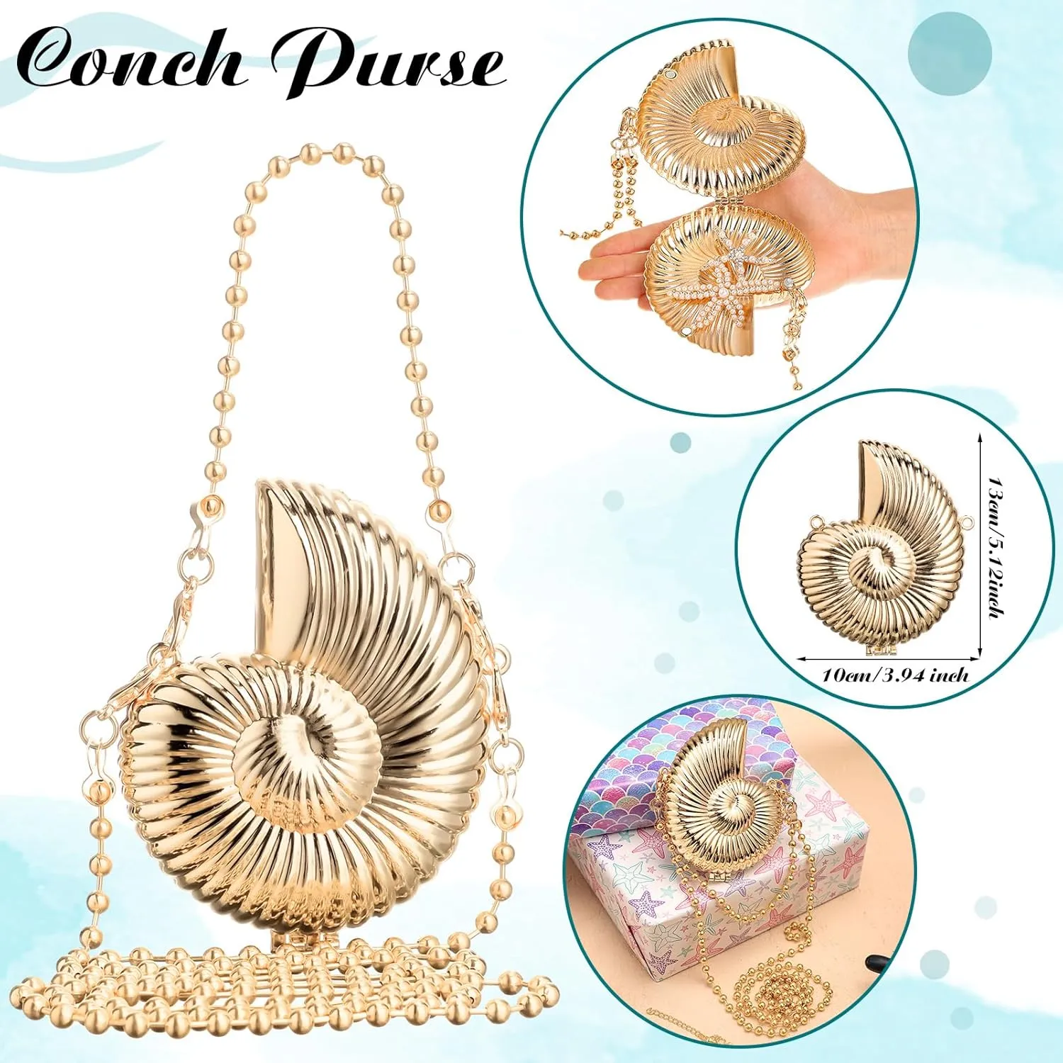 Hillban 6 Pieces Women Mermaid Jewelry Starfish Necklace Bracelets Seashell Purse Summer Beach Earrings Hair Clip Costume Accessories(Gold,Starfish Style)