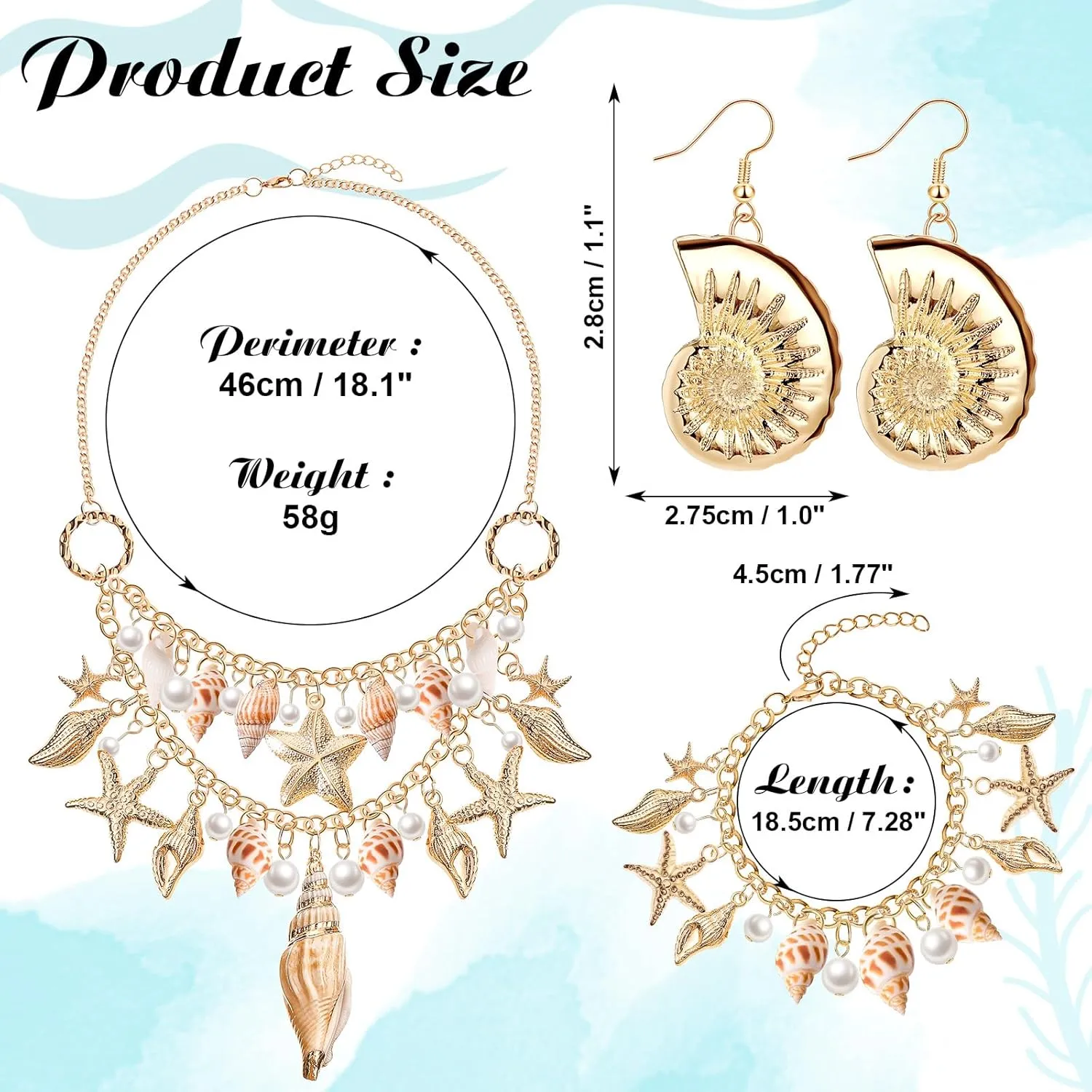 Hillban 6 Pieces Women Mermaid Jewelry Starfish Necklace Bracelets Seashell Purse Summer Beach Earrings Hair Clip Costume Accessories(Gold,Starfish Style)